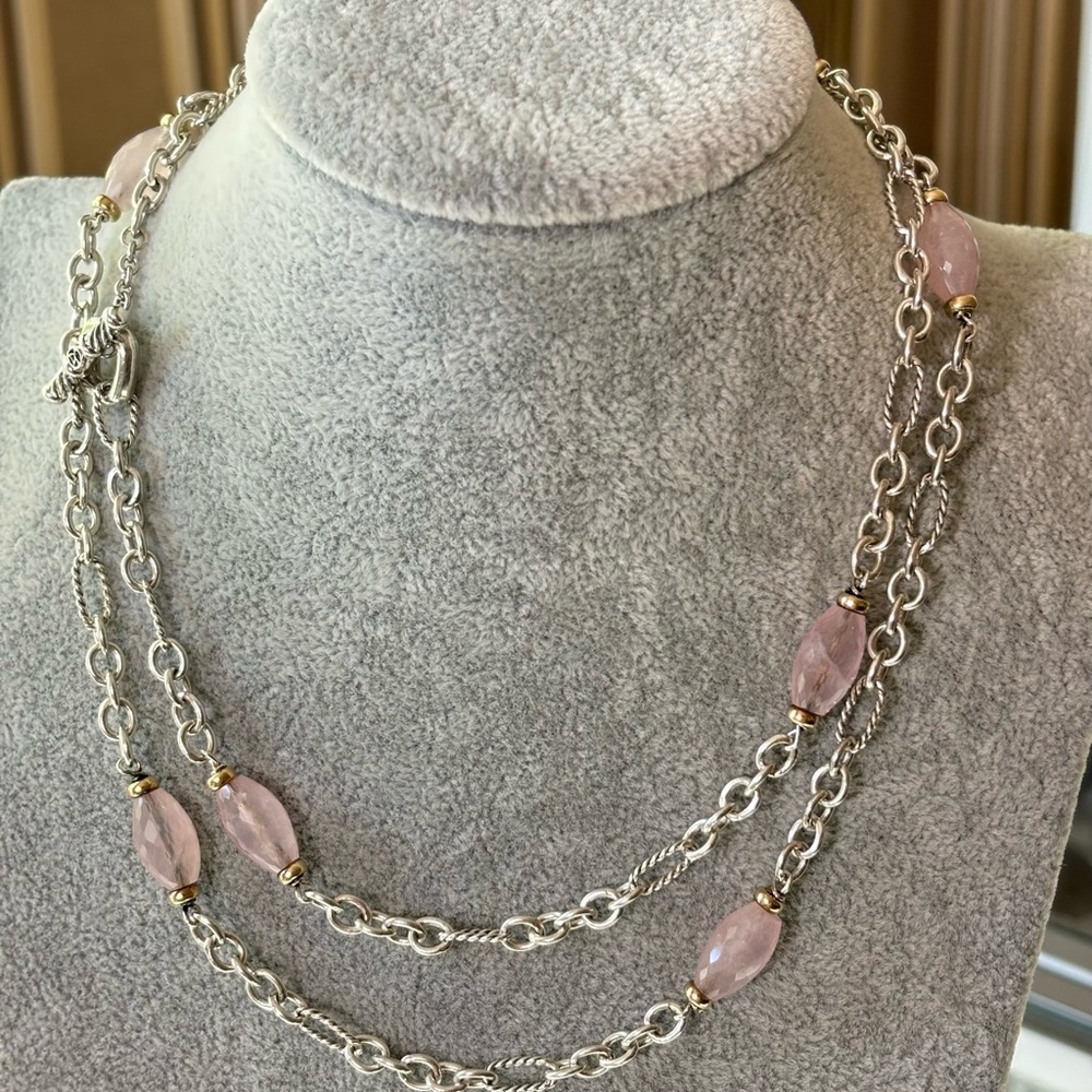 David Yurman 925 & 18k Gold Bijoux Station Necklace with Rose Quartz 34"